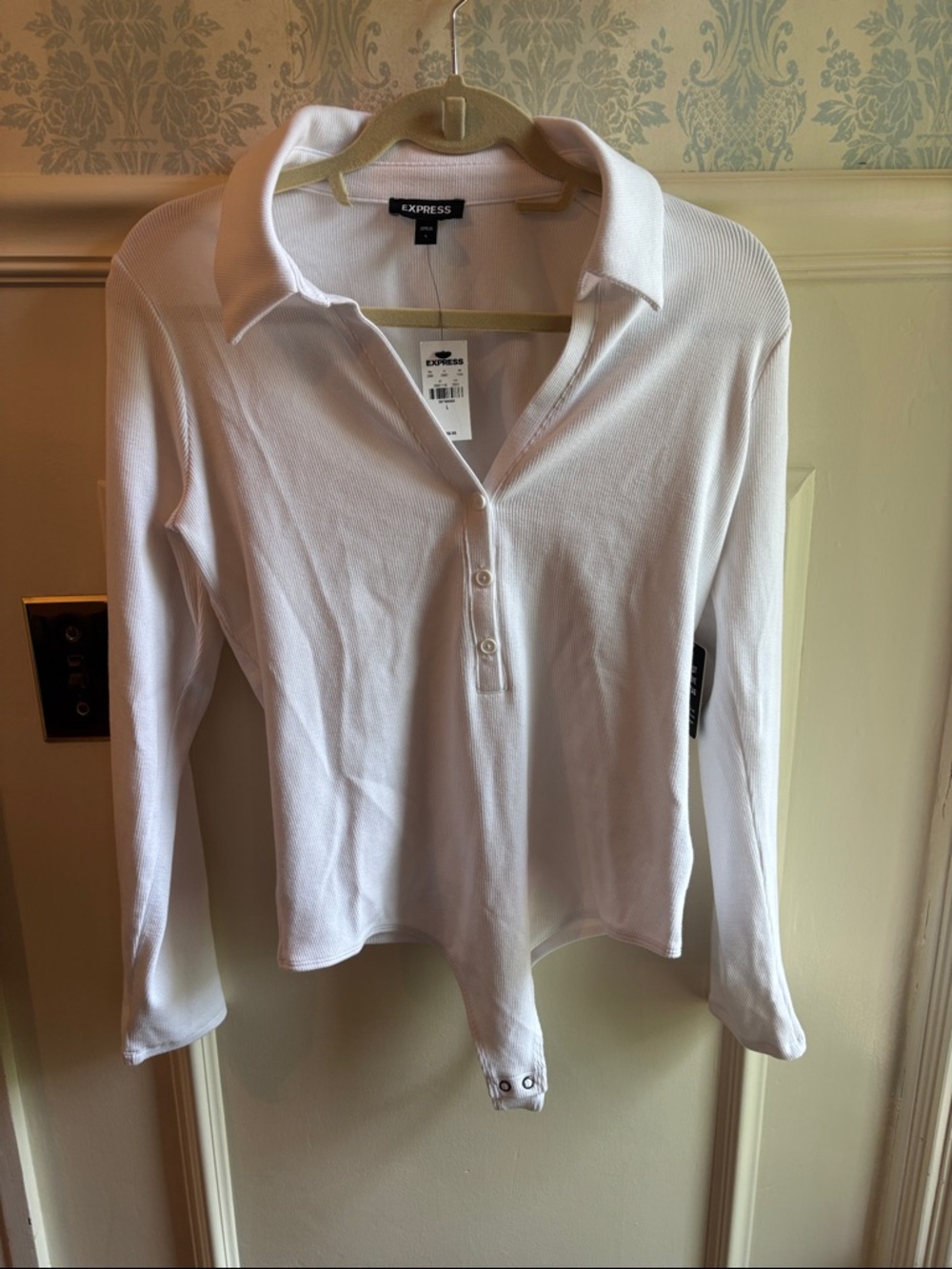Express White Long-Sleeve Button-Front Polo Bodysuit